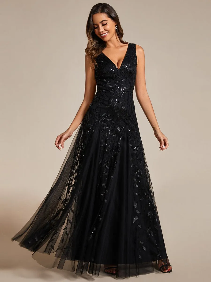 V-Neck Leaf Sequin Sleeveless A-Line Formal Evening Dress with Tulle