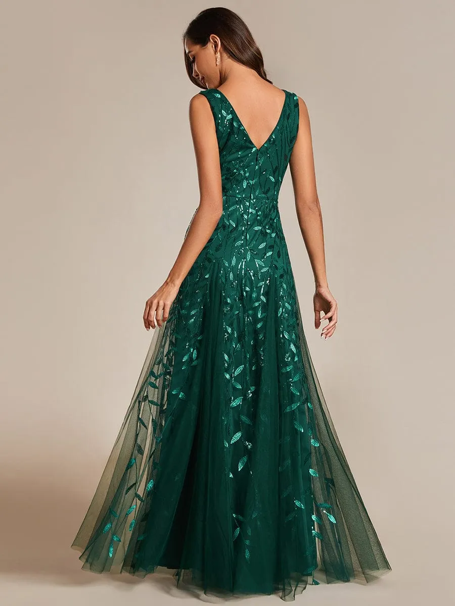 V-Neck Leaf Sequin Sleeveless A-Line Formal Evening Dress with Tulle