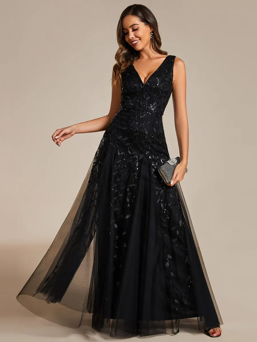 V-Neck Leaf Sequin Sleeveless A-Line Formal Evening Dress with Tulle