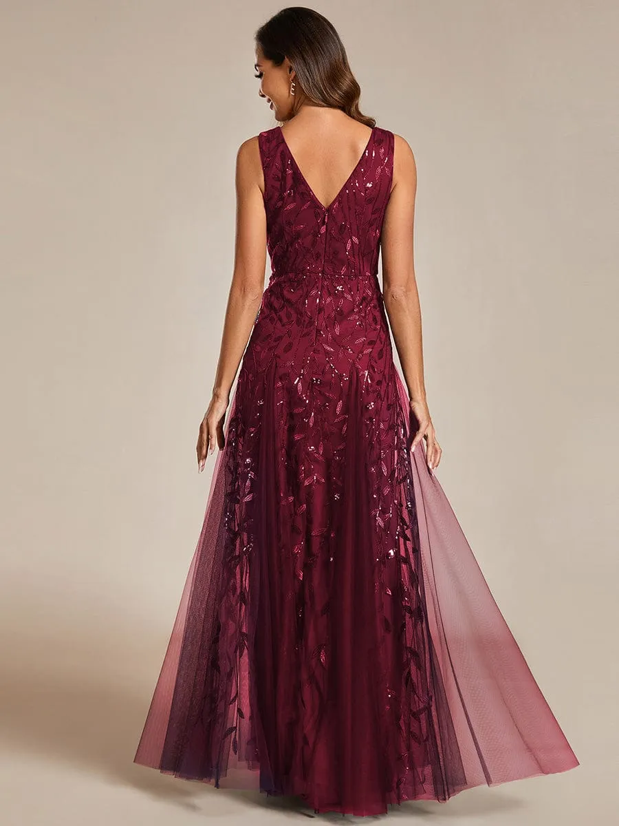 V-Neck Leaf Sequin Sleeveless A-Line Formal Evening Dress with Tulle