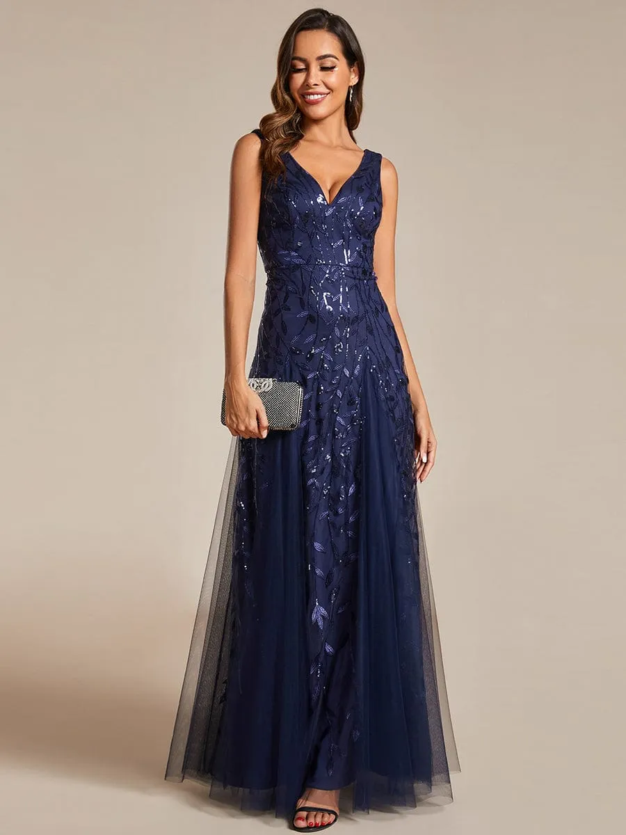 V-Neck Leaf Sequin Sleeveless A-Line Formal Evening Dress with Tulle