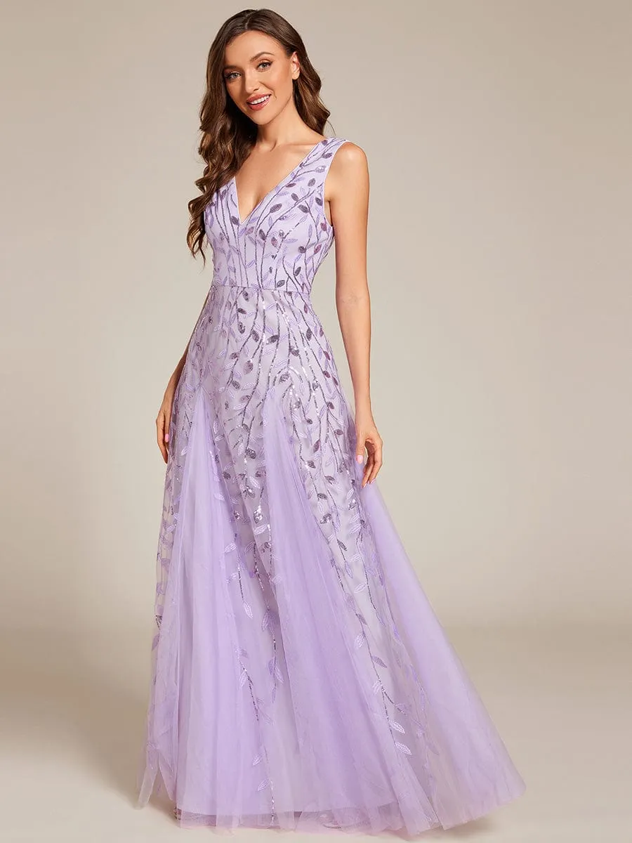 V-Neck Leaf Sequin Sleeveless A-Line Formal Evening Dress with Tulle