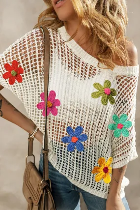 White Hollowed Crochet Colorful Flower Loose Knit T Shirt