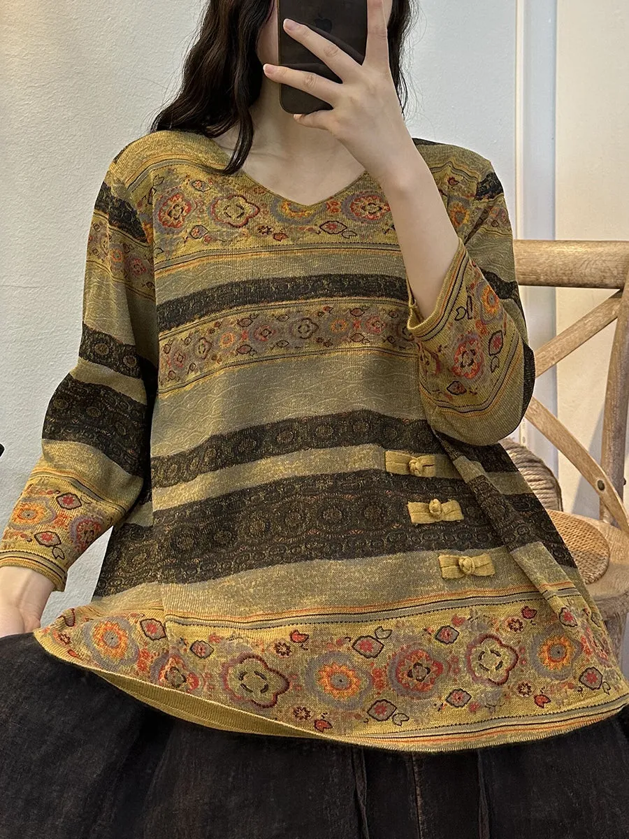 Women Vintage Spring Stripe Geometric Print Loose Shirt