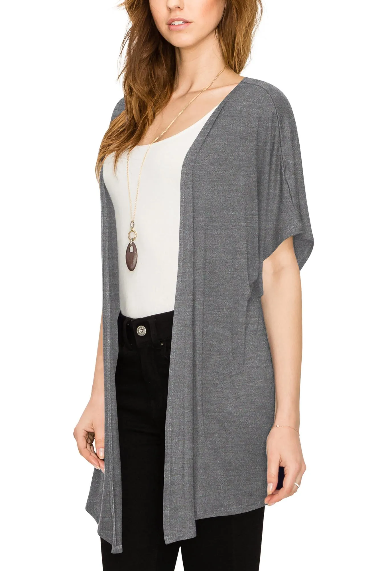 Womens Short Sleeve Open Front Loose Kimono Style Cardigan